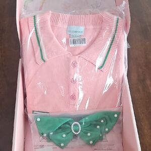 AKA Pink Knit Sweater With Green Pearl Bow